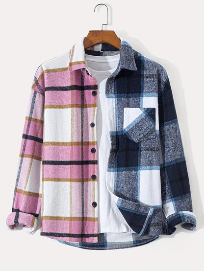 Anoxina Pink & Blue Patchwork Check Men's Full Sleeve Casual Shirt