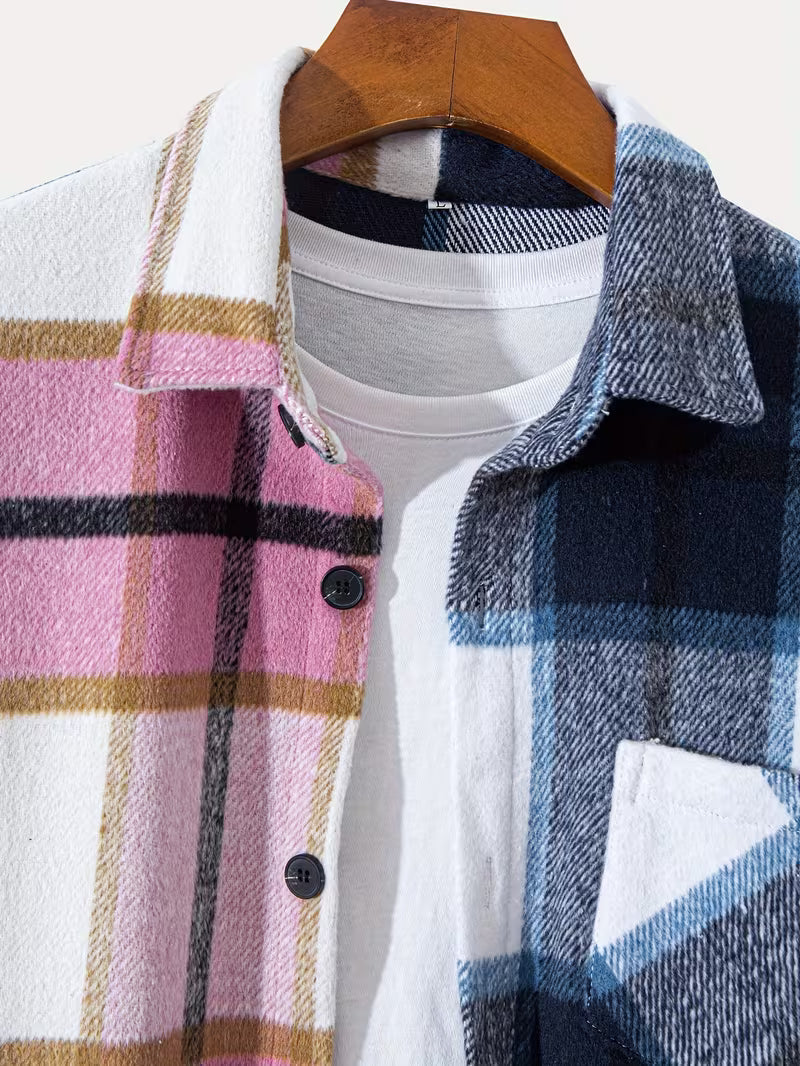Anoxina Pink & Blue Patchwork Check Men's Full Sleeve Casual Shirt
