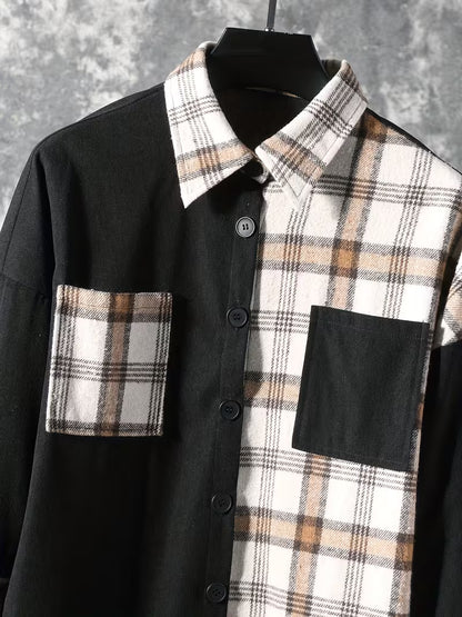 Anoxina Black & Beige Patchwork Check Men's Full Sleeve Casual Shirt